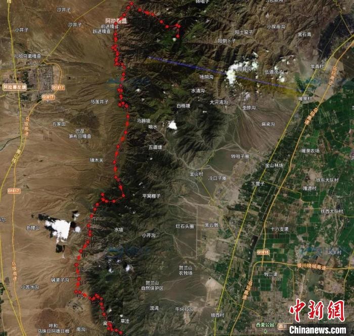 圖為雪豹在春節(jié)前后的活動(dòng)軌跡?！?nèi)蒙古賀蘭山國(guó)家級(jí)自然保護(hù)區(qū)供圖