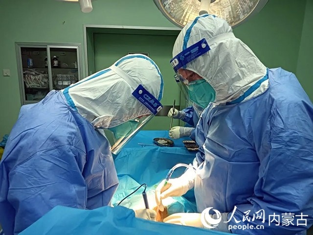 醫(yī)護(hù)人員正在為新冠肺炎合并腸梗阻腸穿孔的尿毒癥患者實施急診手術(shù)。呼和浩特市第一醫(yī)院供圖
