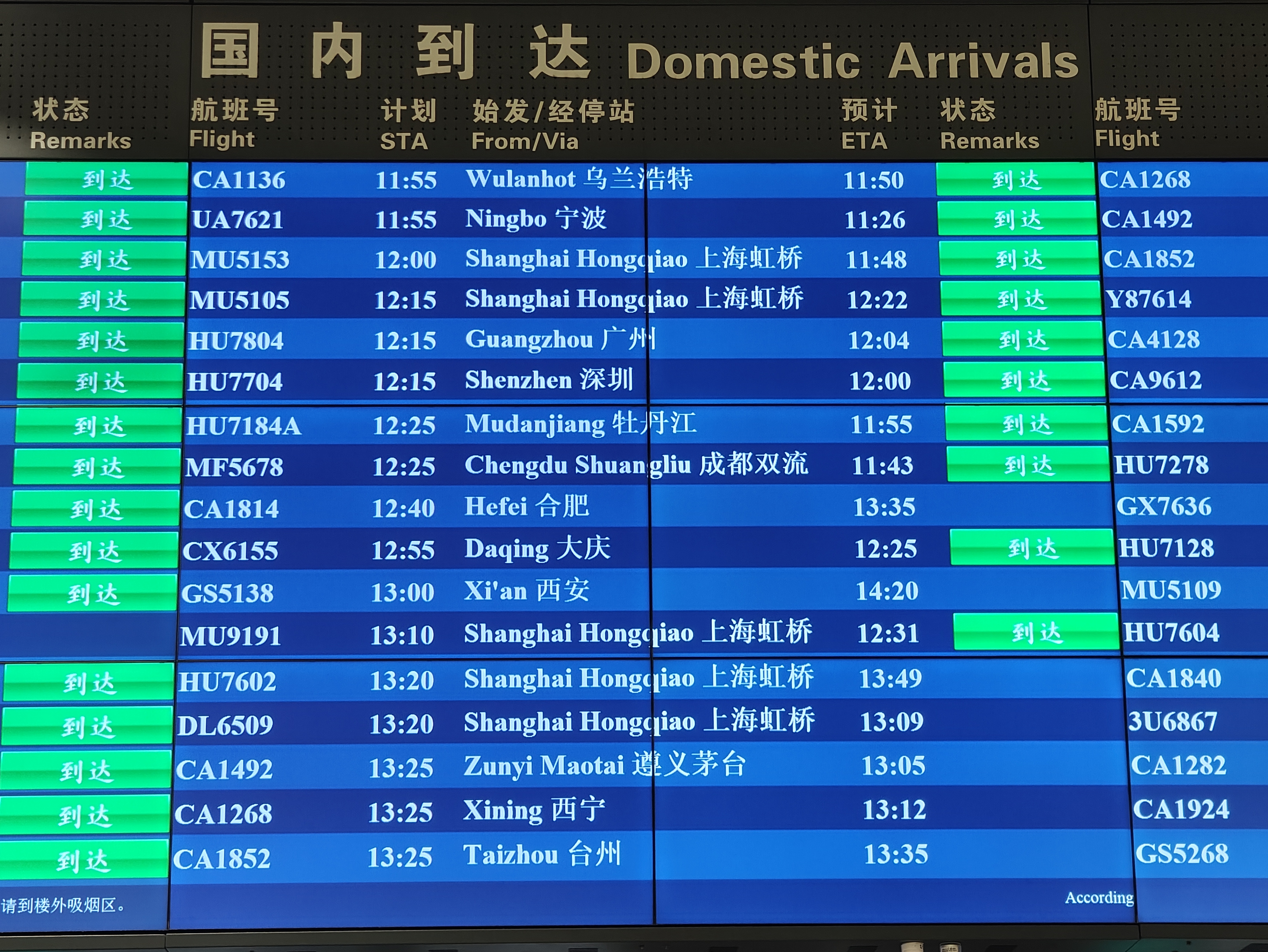 首都機(jī)場大屏顯示，MU9191航班于12:31順利到達(dá)。人民網(wǎng)記者 夏曉倫攝