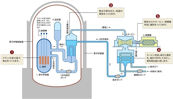 核電站運作原理圖。通常的核電站排水未直接接觸核燃料。（圖片來源：日本北海道電力株式會社網(wǎng)站）