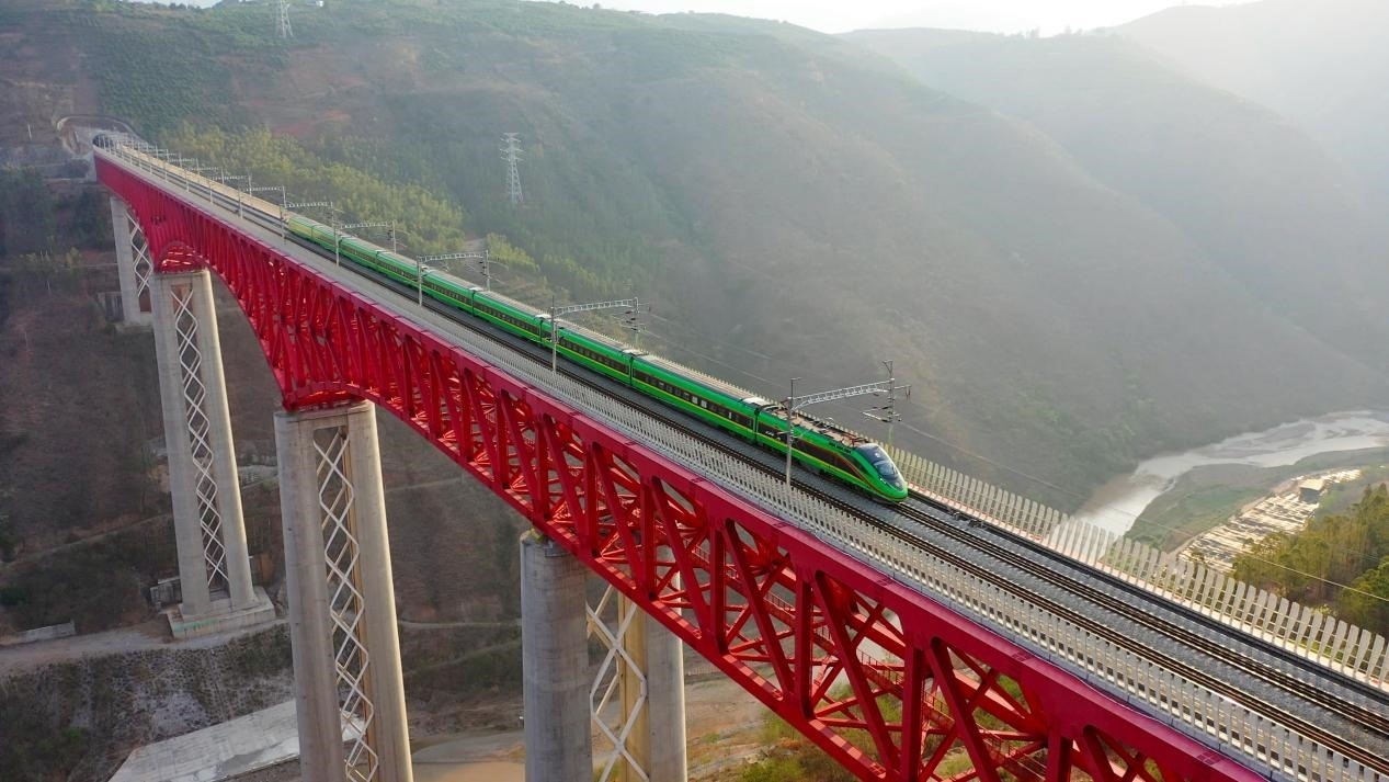 中老鐵路國(guó)際旅客列車(chē)在云南省境內(nèi)的元江特大橋上飛馳。姚巍攝