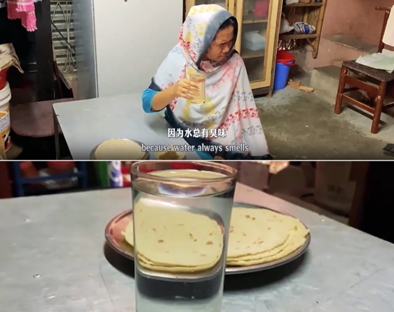 圖為紀(jì)實(shí)短片截圖：上圖為水質(zhì)未改善前，飲用水發(fā)黃渾濁；下圖為水廠建成后，飲用水水質(zhì)明顯改善，清澈透明。