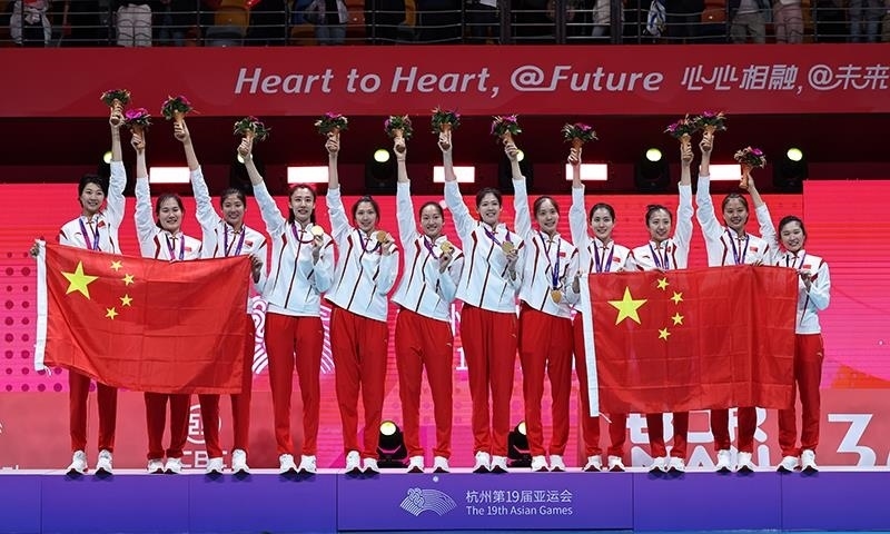 △2023年10月7日，杭州亞運(yùn)會(huì)，中國(guó)女排再創(chuàng)佳績(jī)，以六戰(zhàn)全勝第九次摘得亞運(yùn)金牌。