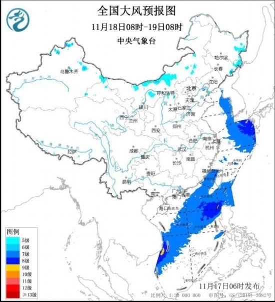 全國(guó)大風(fēng)預(yù)報(bào)圖(11月18日08時(shí)-19日08時(shí))