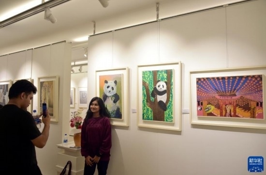11月22日，在孟加拉國達(dá)卡，人們在“國家印象”繪畫展上參觀拍照。新華社發(fā)（薩利姆攝）