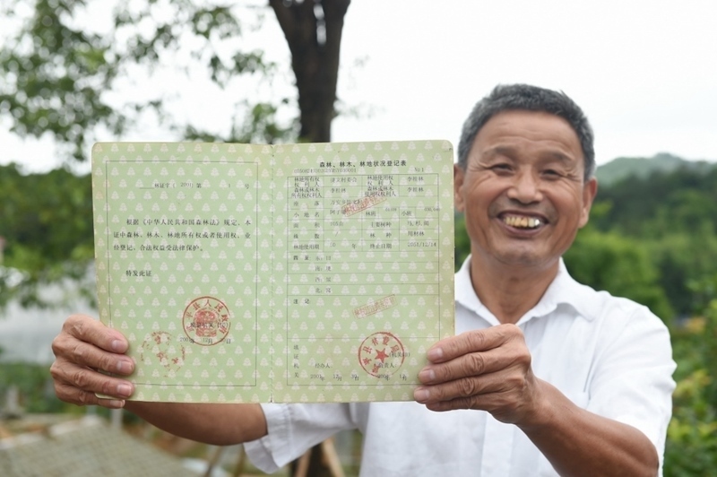 福建武平縣萬安鎮(zhèn)捷文村村民李桂林展示林權(quán)改革后領(lǐng)到的全國第一本新式林權(quán)證。