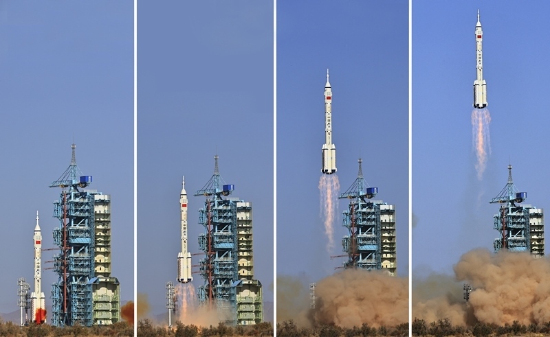 2023年10月26日，神舟十七號(hào)載人飛船發(fā)射升空過(guò)程（拼版照片）