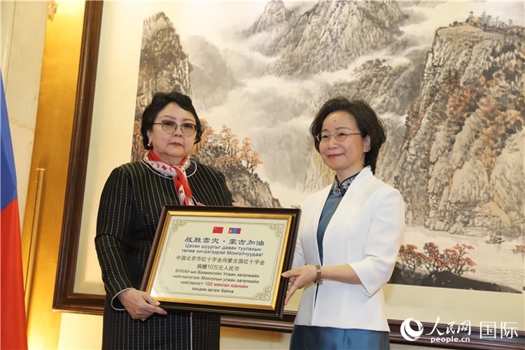 沈大使向?qū)殑跔柆敚ㄗ螅┟貢L轉(zhuǎn)交捐款。人民網(wǎng)記者 霍文攝