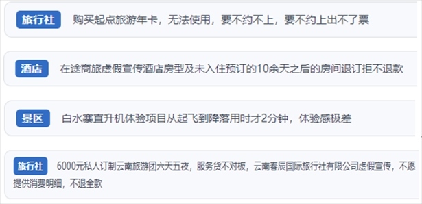 “人民投訴”用戶投訴在線旅游平臺虛假宣傳、購買的旅游卡無法預(yù)約、景區(qū)項目體驗差、定制游服務(wù)欺詐等問題。（“人民投訴”平臺截圖）