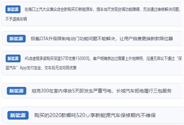 “人民投訴”用戶吐槽新能源汽車功能障礙多發(fā)、升級后配套服務(wù)跟不上、虛假優(yōu)惠、保修期內(nèi)不維保的問題。（“人民投訴”平臺截圖）