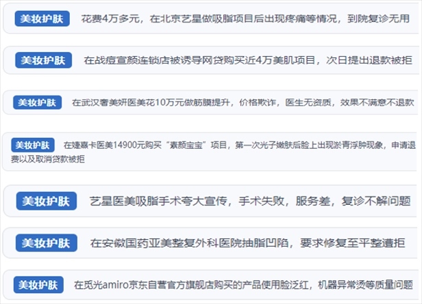 “人民投訴”用戶舉報醫(yī)美未達預(yù)期效果或?qū)е律眢w損傷退款遭拒、機構(gòu)及服務(wù)人員虛假資質(zhì)、被誘導(dǎo)高額醫(yī)美貸、網(wǎng)購美容儀器質(zhì)量不過關(guān)等問題。（“人民投訴”平臺截圖）