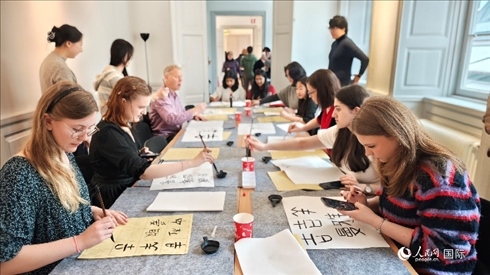 瑞典書法愛好者專心學習書法。人民網(wǎng)記者 殷淼攝