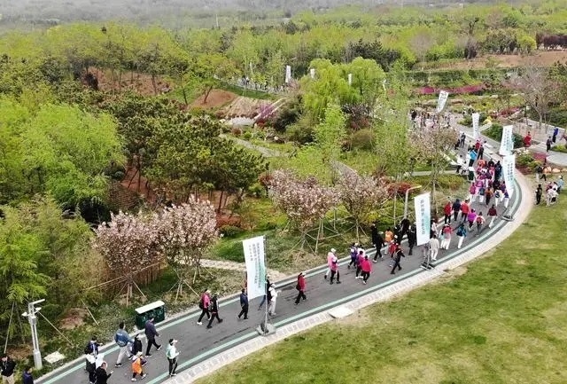 4月27日，登山愛好者在浮山森林公園參加登山健身活動（無人機照片）。新華社記者 李紫恒攝