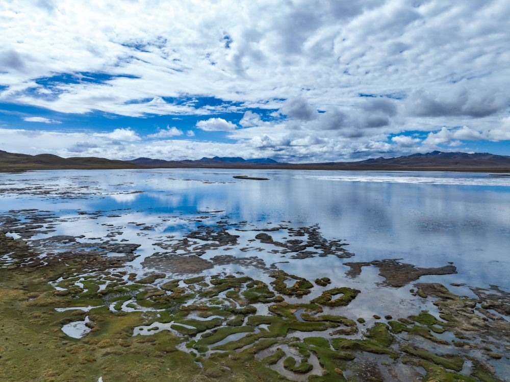 這是2024年5月26日在長(zhǎng)江源頭地區(qū)拍攝的班德湖一角（無(wú)人機(jī)照片）。新華社記者 張龍 攝