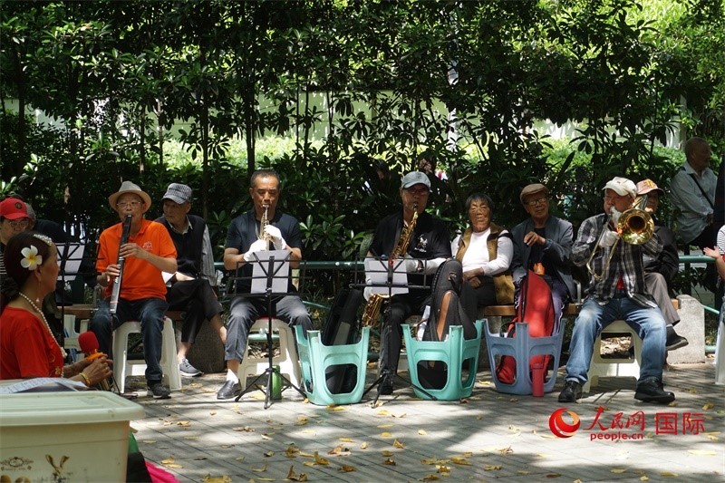 成都居民在公園里演奏歌曲。人民網(wǎng) 王禹蘅攝
