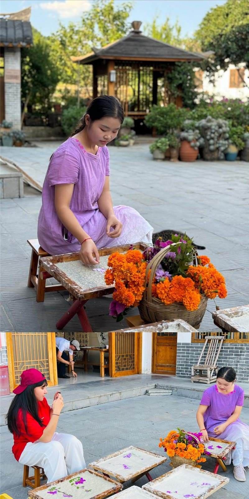 沒有女生不愛花。以古法造紙技藝為基礎(chǔ)，再輔以花草枝葉勾勒各式圖案，創(chuàng)作出花茂村獨(dú)具特色的紙漿壓花畫，少女手中的花是她眼中的風(fēng)景，而她與正在制作的紙漿壓花畫也是別人眼中的風(fēng)景。（哈薩克斯坦BAQ通訊社高級記者古爾詹·拉曼庫洛娃、張亞欣攝）