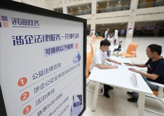 在天津?yàn)I海新區(qū)政務(wù)服務(wù)中心，工作人員在“涉企法律服務(wù)一件事”專區(qū)為市民提供服務(wù)（2024年7月31日攝）。新華社記者 趙子碩 攝