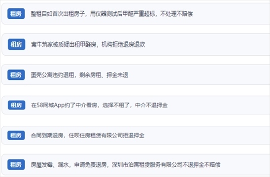 網(wǎng)友涉及租房消費中的相關投訴問題。（“人民投訴”用戶投訴截圖）