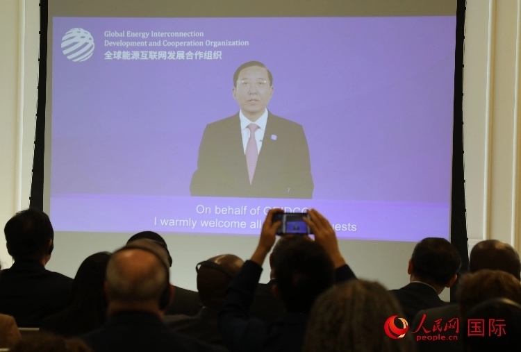 全球能源互聯(lián)網(wǎng)發(fā)展合作組織主席、中國電力企業(yè)聯(lián)合會(huì)理事長辛保安通過視頻方式致辭。人民網(wǎng)記者 李志偉攝