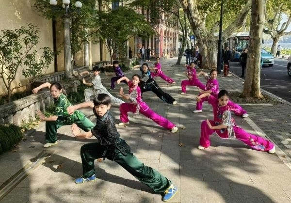 杭州市陳經(jīng)綸體校武術(shù)隊(duì)學(xué)生們展示中華武術(shù)。 人民網(wǎng)記者 楊磊攝