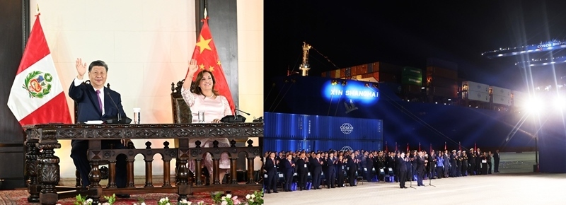 當?shù)貢r間2024年11月14日晚，習(xí)近平主席同秘魯總統(tǒng)博魯阿爾特在利馬總統(tǒng)府以視頻方式共同出席錢凱港開港儀式（拼版照片）。