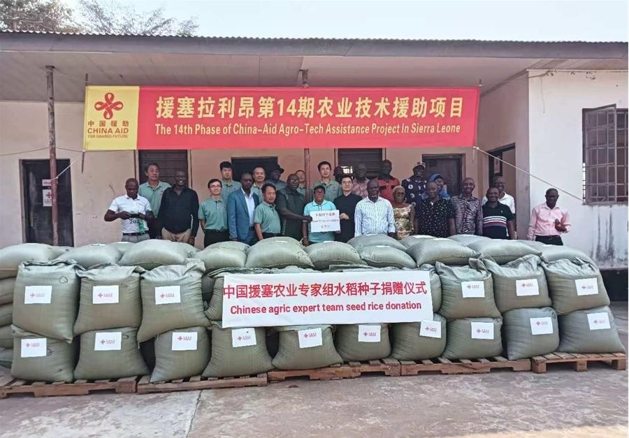 中國援塞拉利昂農(nóng)業(yè)專家組在塞南方省博城舉辦水稻種子捐贈儀式。中國援塞農(nóng)業(yè)專家組供圖
