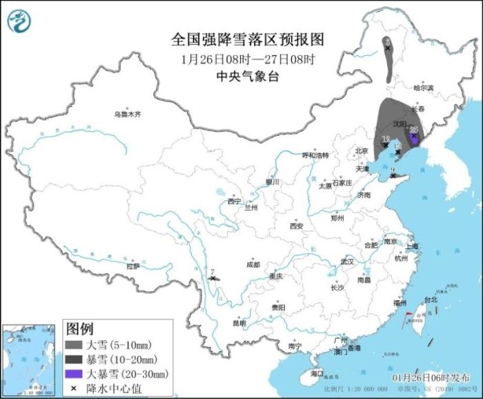 全國強降雪落區(qū)預(yù)報圖(1月26日08時-27日08時) 圖片來源：中央氣象臺網(wǎng)站