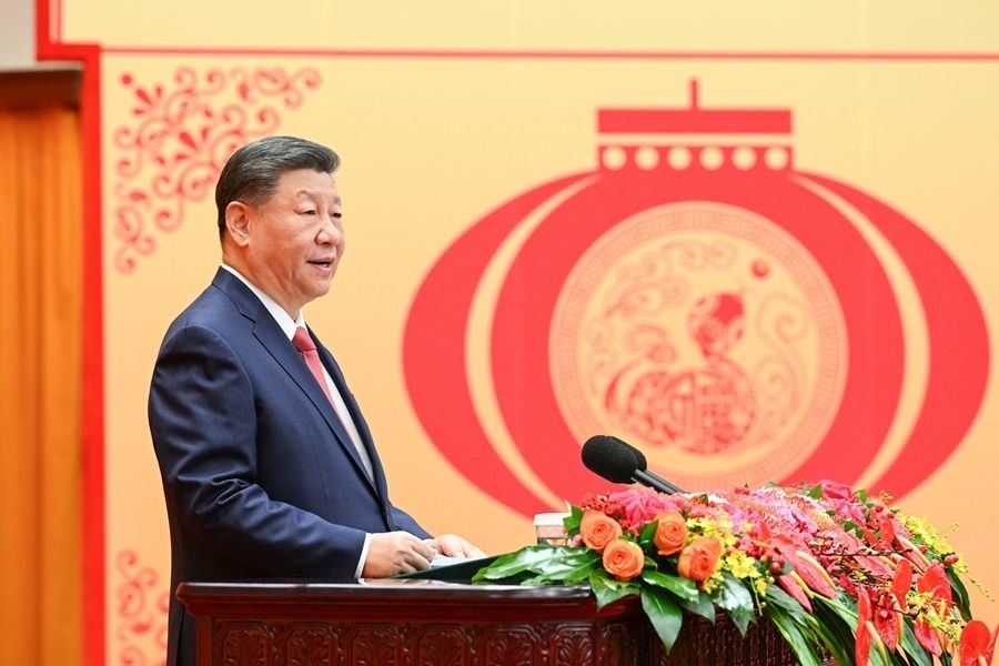 1月27日，中共中央、國務院在北京人民大會堂舉行2025年春節(jié)團拜會。中共中央總書記、國家主席、中央軍委主席習近平發(fā)表講話。新華社記者 李學仁 攝