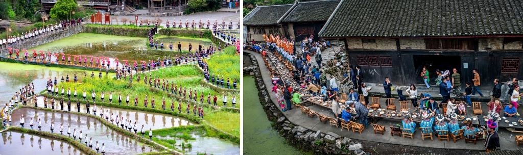 左圖：近期，人們在黎平縣肇興侗寨的田園里演唱侗族大歌（黎平縣委宣傳部供圖）；右圖：這是2023年拍攝的十八洞村長桌宴（湘西州委宣傳部供圖）。