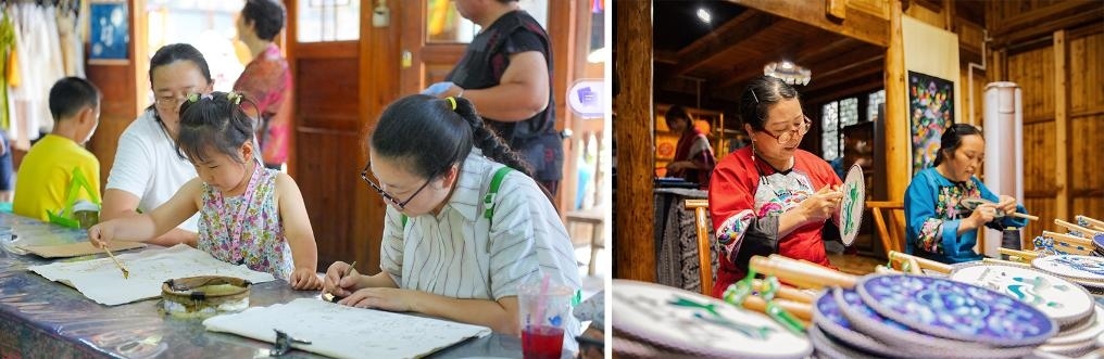 左圖：近期，游客在黎平縣肇興侗寨體驗非遺蠟染藝術（黎平縣委宣傳部供圖）；右圖：這是2024年拍攝的繡娘在十八洞村梨子寨苗繡鄉(xiāng)村振興示范基地制作苗繡產(chǎn)品（湘西州委宣傳部供圖）。