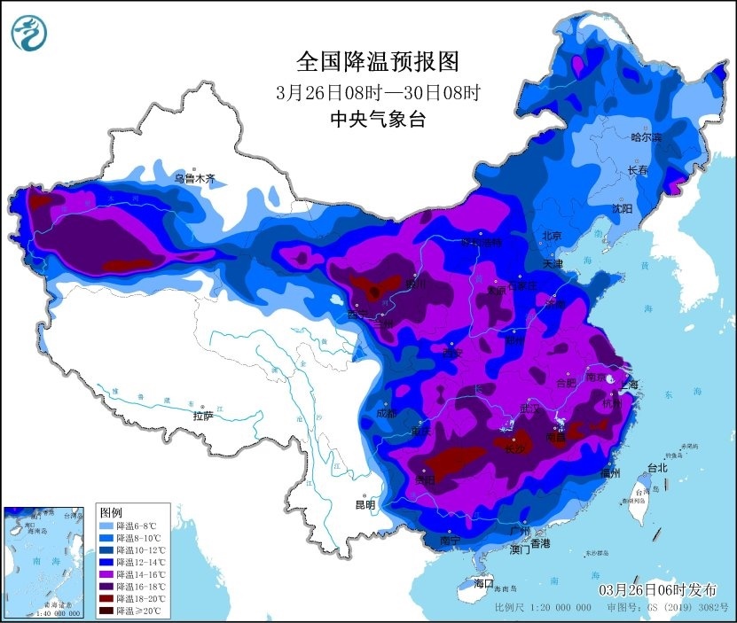 全國降溫預(yù)報圖（3月26日08時-3月30日08時）