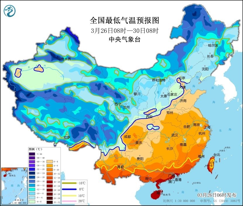 全國最低氣溫預(yù)報圖（3月26日08時-3月30日08時）