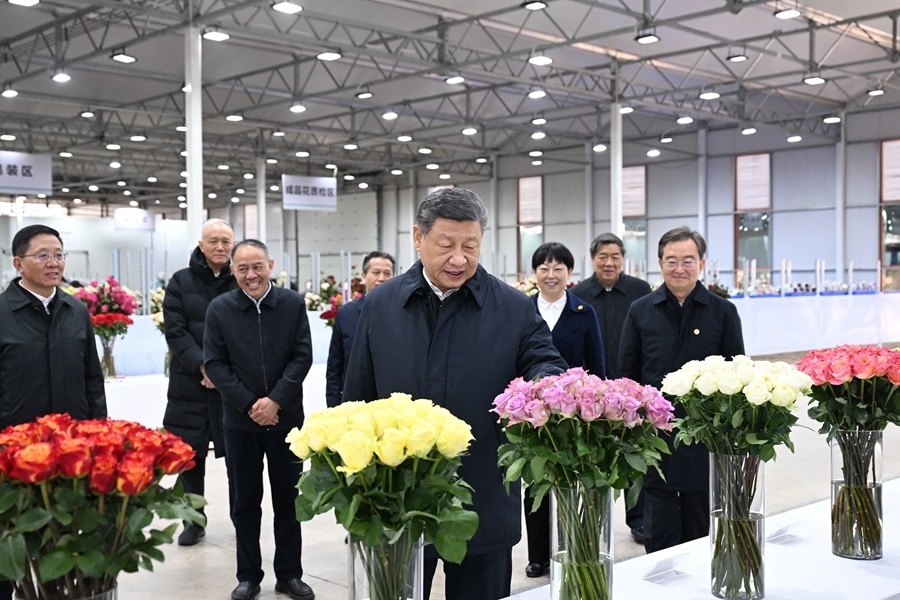△3月19日下午，習(xí)近平總書記在云南麗江現(xiàn)代花卉產(chǎn)業(yè)園展廳考察時(shí)，察看鮮切花品種展示。