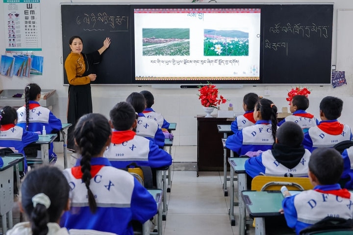 2024年9月27日，在四川省甘孜藏族自治州道孚縣城關(guān)第一完全小學(xué)，采取“藏加模式”教學(xué)的五年級(jí)一班的藏語(yǔ)文課上，準(zhǔn)木周老師指導(dǎo)藏族學(xué)生以家鄉(xiāng)草原風(fēng)物為主題寫(xiě)作藏語(yǔ)文作文。新華社記者 沈伯韓 攝