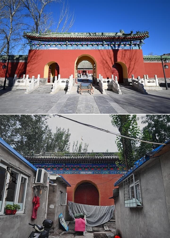位于先農(nóng)壇內(nèi)的慶成宮，曾長(zhǎng)時(shí)間被雜亂的民居占據(jù)。在北京中軸線申遺保護(hù)工作的帶動(dòng)下，北京完成了慶成宮區(qū)域文物征收騰退、非文物建筑拆除、彩畫(huà)保護(hù)、本體修繕、展覽布陳等，讓560多年歷史的古建群重新回歸。2024年12月，北京中軸線上先農(nóng)壇內(nèi)的慶成宮首次面向社會(huì)公眾開(kāi)放。上圖為騰退修繕后的慶成宮內(nèi)宮門(mén)（資料照片）；下圖為翻拍的慶成宮內(nèi)宮門(mén)騰退修繕前的資料照片（2024年12月21日攝）。